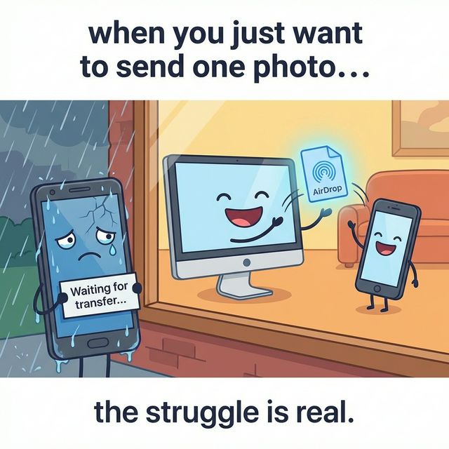 Meme showing a sad Android phone standing in the rain, looking through a window at a Mac and iPhone happily passing an AirDrop file back and forth.