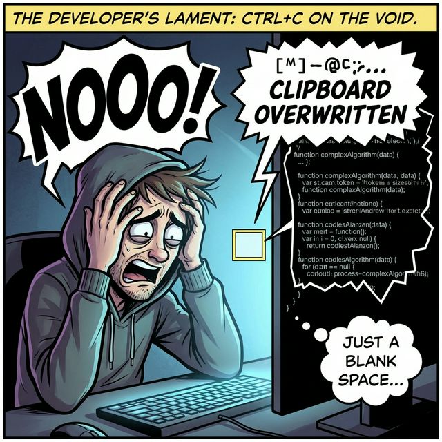 Comic-style meme showing a developer crying out NOOO! because they hit Ctrl+C on a blank space, overwriting a massive block of code in their clipboard.